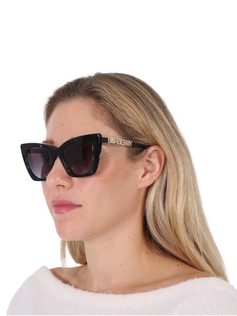 Burberry Black Cat-Eye Sunglasses with Gold Logo Temples and Gradient Lenses